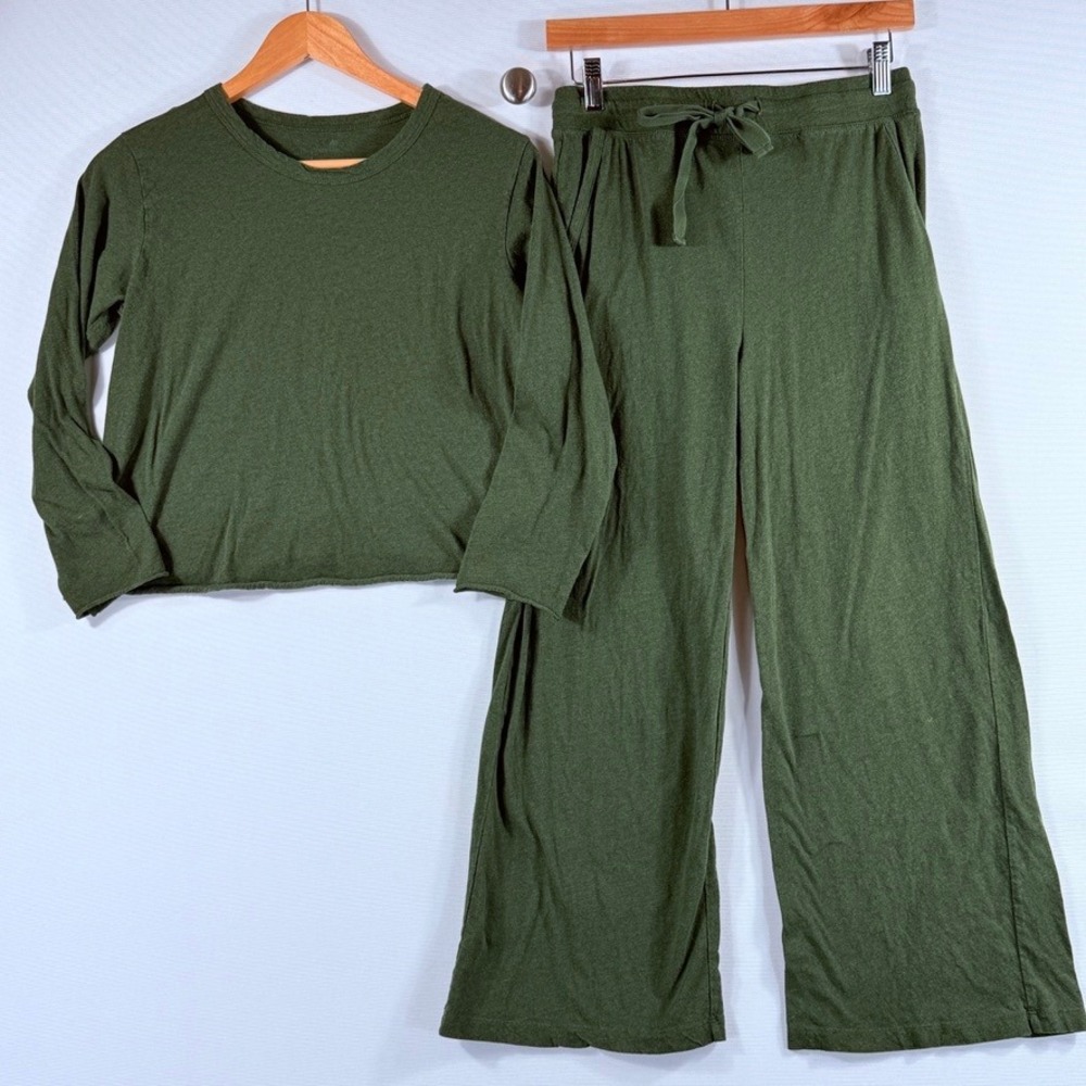Papinelle Pajama Set Women Small Green Organic Cotton Long Sleeve Wide Leg Comfy